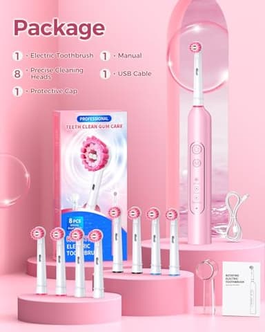 TEETHEORY Rotating Electric Toothbrush for Adults with 8 Brush Heads, Deep Clean Rechargeable Electric Toothbrush with 4 Modes and 2 Min Smart Timer, Last 30 Days and IPX7 Waterproof Pink - Image 8