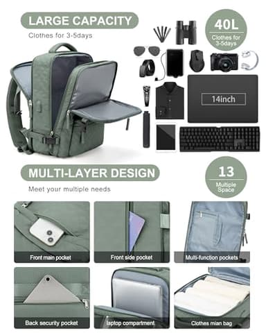 Travel Carry On Backpack for Women, Waterproof Laptop Backpack for Traveling on Airplane Hiking Gym Backpack with USB Charging Port Shoe Compartment,Dark Green - Image 7