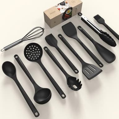 Silicone Cooking Utensils Set - 600°F Heat Resistant, Nonstick Kitchen Utensil Set with Spatulas, Spoons, Whisk, Tongs, BPA Free, Dishwasher Safe, Black - Image 2