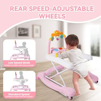 Baby Walker, 5 in 1 Baby Walkers for Boys Girls 6-12 Months, Foldable Walkers for Babies with Bouncer & Feeding Tray, Music, Adjustable Heights, Activity Walker for Infant - Image 7