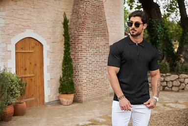 COOFANDY Men's Zipper Polo Shirts Short Sleeve Ribbed Knit Polo T Shirts Fashion Casual Golf Shirts Black - Image 6