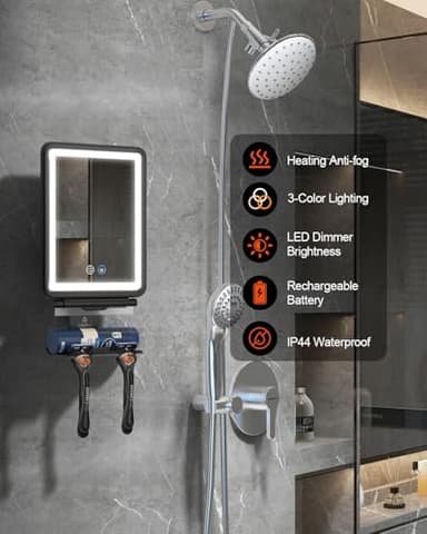 Widitn Heated Shower Mirror Fogless for Shaving, 3 Color Dimmable Lights Shower Mirror Fogless, Rechargeable Anti-Fog Shaving Mirror with Razor Holder, Storage Tray, Squeegee - Image 2