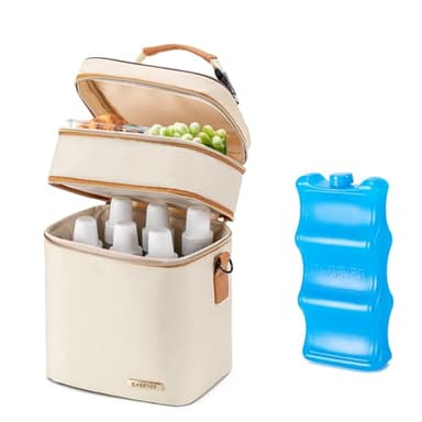BABEYER Breastmilk Cooler Bag with Ice Pack Fits 6 Baby Bottles Up to 9 Ounce, Double Deck Leak-Proof Baby Bottles Bag with Shoulder Strap for Nursing & Working Mom, Cream - Image 1