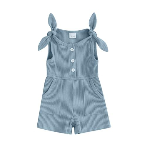 Fernvia Toddler Baby Girl Summer Clothes Sleeveless Ribbed Knitted Jumpsuit Shorts Overalls Baby One Piece Outfit (A Blue, 12-18 Months) - Image 1
