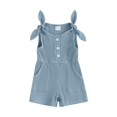 Fernvia Toddler Baby Girl Summer Clothes Sleeveless Ribbed Knitted Jumpsuit Shorts Overalls Baby One Piece Outfit (A Blue, 12-18 Months) - Image 1