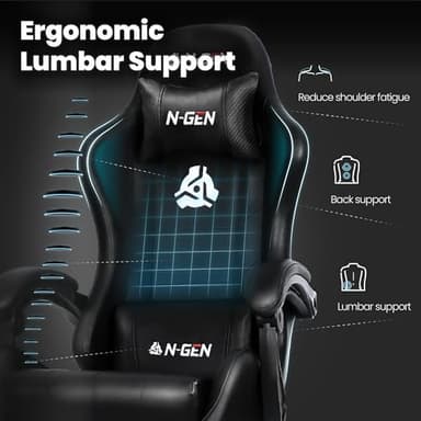 N-GEN GAMING Video Gaming Chair with Footrest Lumbar Support for Home Office High Back Recliner Height Adjustable Ergonomic Comfy Leather Computer Desk Chair (Black) - Image 4