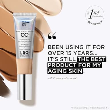 IT Cosmetics CC+ Cream (Light Medium) - Natural Full Coverage Foundation With SPF 50+, Color Corrector & Anti-Aging Hydrating Serum, Hyaluronic Acid + Peptides, Lightweight - 1.08 fl oz - Image 8