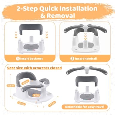 LDIIDII Baby Bath Seat for Babies 6 Months & Up Sitting Up,Infant Bath Seat with Temperature Alert+Open Backrest+on/Off Armrest,Toddler Bath seat Baby Bath Chair for Bathtub,Tub,Sink (Light Gray) - Image 6