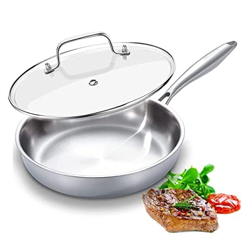 DELARLO Tri-Ply Stainless Steel Pan, 12 inch Frying Pan with Lid, Compatible with All Cooktops Up to 600℉, Fast & Even Heat, Skillet, Induction Cookware, Cooking Pan, Stir Fry Pan, Dishwasher Safe - Image 1