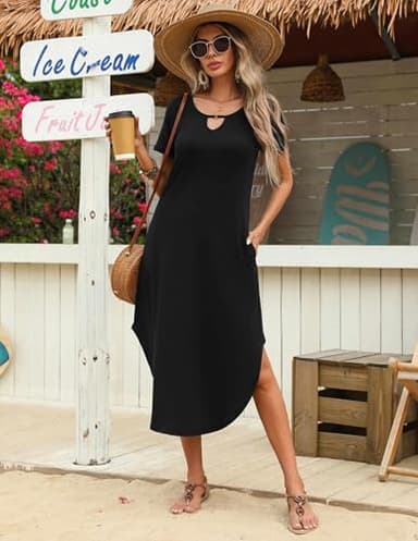 Zeagoo Long Dresses for Women Casual Summer Maxi Dress Short Sleeve Long Dress with Pockets Curve Hem Long Dress Crew Neck Black - Image 5