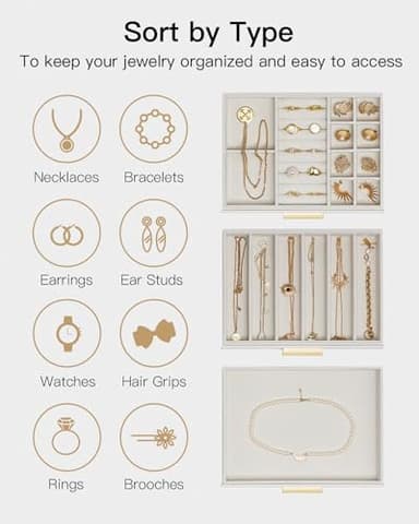 Vlando Jewelry Box for Women, Glass Lid Jewelry Organizer with 3 Drawers for Necklaces Rings Earrings Bracelets Mother Day Gift for Mom - Cloud White - Image 3