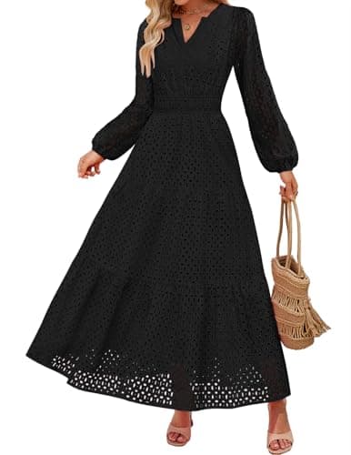 ZESICA Women's 2025 Fall Long Sleeve Maxi Dress V Neck Hollow Out Eyelet A Line Long Flowy Casual Party Dresses Black Large - Image 1