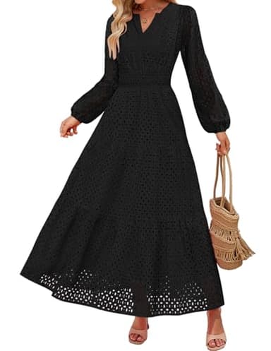 ZESICA Women's 2025 Fall Long Sleeve Maxi Dress V Neck Hollow Out Eyelet A Line Long Flowy Casual Party Dresses Black Large - Image 1