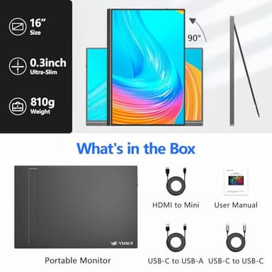 Veout 16" Portable Monitor, 1920 * 1200P IPS Laptop Monitor with USB-C, Freesync HDMI Gaming Monitor Featuring a Kickstand, Available in Four Colors, 0.3" Ultra-Slim for Travel and Office Use - Image 9