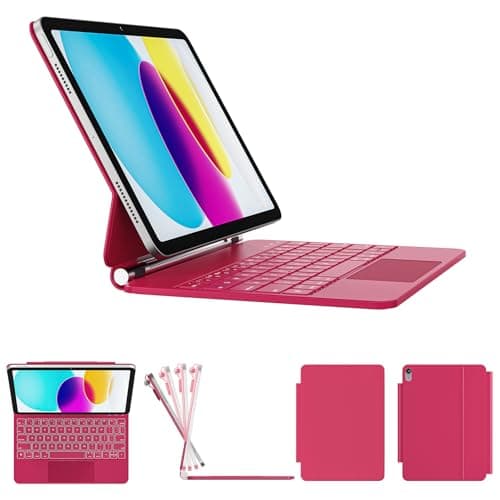 RAYMCRAFT for iPad 11th(A16, 2025)/10th Generation Case with Keyboard, Magic Keyboard 2022, Springy Backlit Keys, Stain-Resistant Surface, Multi-Touch Trackpad, Azalea Red