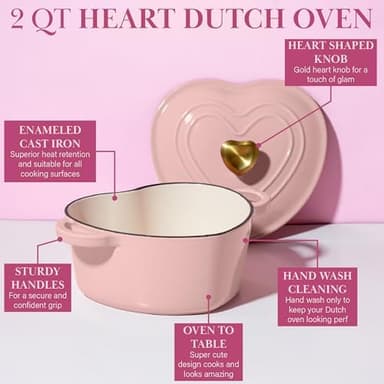 Paris Hilton Enameled Cast Iron Dutch Oven Heart-Shaped Pot with Lid, Dual Handles, Works on All Stovetops, Oven Safe to 500°F, 2-Quart, Pink - Image 6