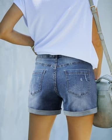 Summer Shorts for Women 2024 Trendy Hot Sexy Blue Jean Shorts High Rise Ripped Stretch Jeans Pull-on Folded Hem Denim Short Pants - Image 2