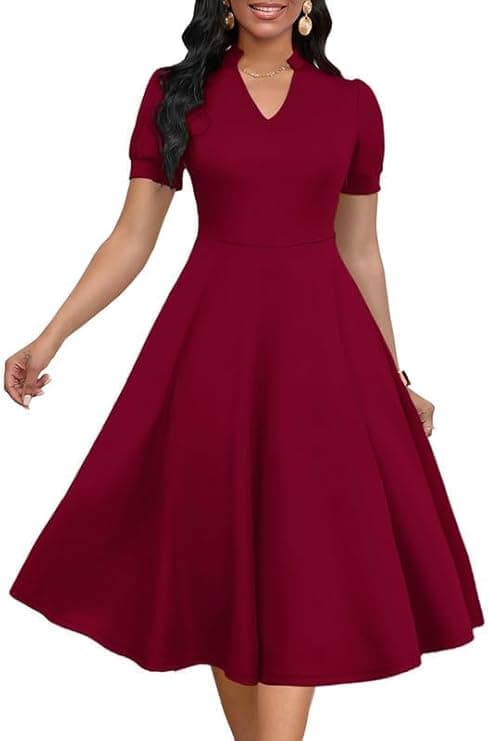 Womens Short Puff Sleeve V Neck Casual Semi-Formal Cocktail Party A-Line Dress - Image 1