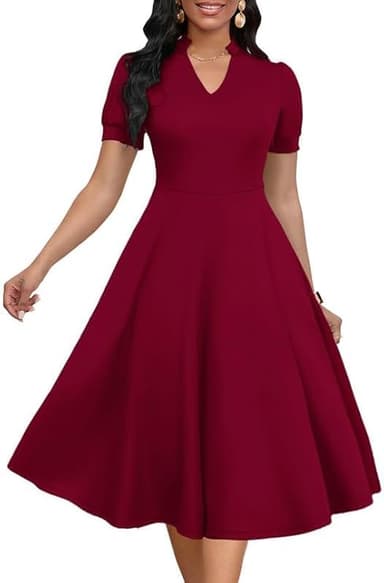 Womens Short Puff Sleeve V Neck Casual Semi-Formal Cocktail Party A-Line Dress - Image 1