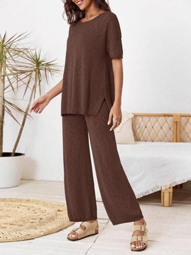 Tankaneo Women's 2 Piece Travel Outfits Casual Short Sleeve Knit Sweater Set Wide Leg Pants Lounge Sets Tracksuit - Image 6
