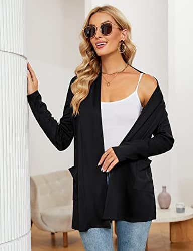 Micoson Women's Lightweight Open Front Black Cardigan Casual Loose Long Sleeve Cardigan Sweaters with Pockets L - Image 2