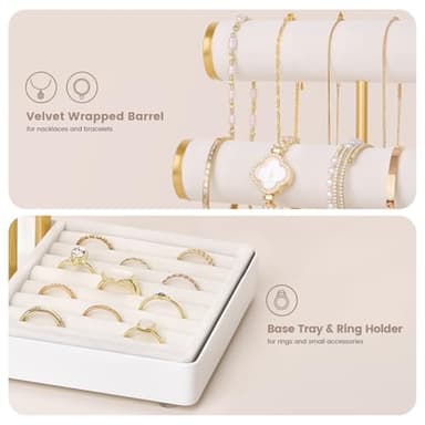 Lolalet Bracelet Display Stand Necklaces Holder, 5 Tiers Jewelry Organizer and Storage Rack with Velvet Slot and Metal Base, for Women Bangles Watches Ring Earrings -White - Image 3