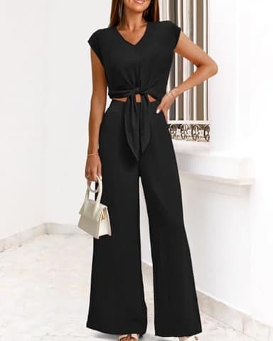 PRETTYGARDEN Women's Summer 2 Piece Outfits 2025 Cap Sleeve V Neck Belted Crop Tops Wide Leg Pant Sets Casual Tracksuit(Solid Black,Large) - Image 7