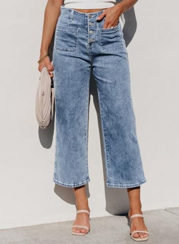 Sidefeel Women's Jeans High Waisted Wide Leg Stretchy Zimbaplatinum Straight Leg Jeans Buttoned Loose Denim Pants with Pocket Blue Size 16 - Image 5