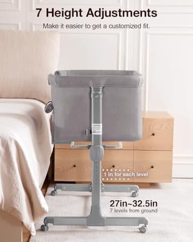 Larex Baby Bassinet, 3 in 1 Bassinets Bedside Sleeper for Newborn, Portable Crib Adjustable 7 Height Bedside Bassinet with Mattress and Wheels Light Grey - Image 4