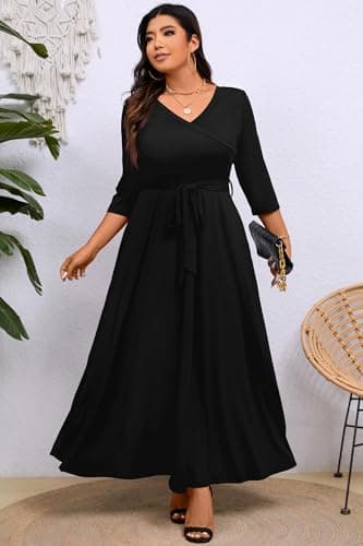 Runwind Plus Size Dress for Women - 3/4 Sleeve V Neck Maxi Dresses for Women Black 2XL - Image 3