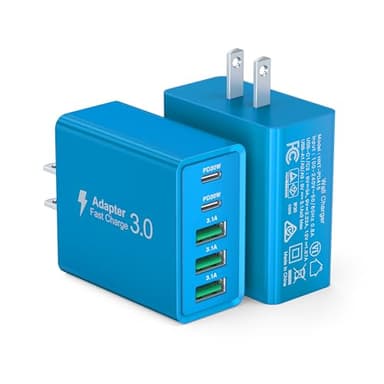 [2-Pack] USB C Wall Charger, 50W USB C Charger Block 5-Port PD Fast Charging Blocks,2USB C+3USB A Multiport Plug,Type C Power Adapter Brick Cube for iPhone 16/15/14/Pro,iPad,Samsung,for Switch（Blue） - Image 1