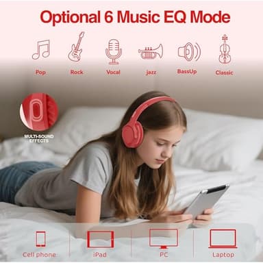 MIDOLA Bluetooth Headphones Over Ear 68H Playtime 6 EQ Wireless Headset with Microphone HiFi Stereo Foldable Lightweight Deep Bass for Travel Home Office Cellphone Red - Image 4