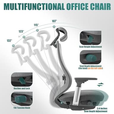 COLAMY Ergonomic Mesh Office Chair, High Back Office Chair, Computer Executive Desk Chair with Lumbar Support,Adjustable Headrest and 4D Arms, Slide Seat, Tilt Lock-Darkgrey New - Image 6