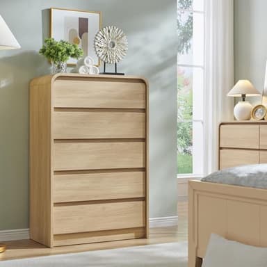 Aitjunz Modern 5 Drawers Dresser for Bedroom, 45" Tall Dressers & Chests of Drawers w/Curved Profile Design, Wood Mid Century Vertical Dresser w/Natural Texture for Bedroom, Living Room, Natural Oak - Image 3