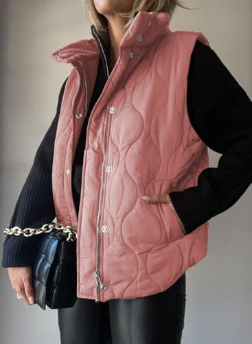 EVALESS Womens Fashion Cropped Puffer Vest Fall Winter 2025 Lightweight Quilted Stand Collar Sleeveless Button Down Jackets Warm Coat Outerwear Gilet with Pockets Gossamer Pink Small - Image 3