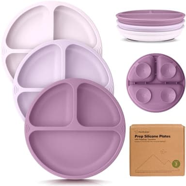 KeaBabies Suction Plates for Baby, Toddler - 3-Pack 100% Silicone Toddler Plates with Suction, Divided, BPA-Free Baby Led Weaning Essentials for Kids, Dishwasher, Microwave Safe, Durable (Amethyst) - Image 1
