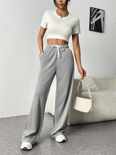 PINSPARK Wide Leg Sweat Pants for Womens High Waisted Baggy Sweatpants Casual Drawstring Workout Pants with Pockets - Image 3