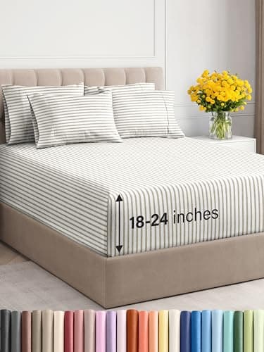 Extra Deep King Sheet Set - 6 Piece Breathable and Cooling Sheets - Hotel Luxury Bed Sheets Set - Easy Fit - Soft, Wrinkle Free and Comfy Sheets Set - Beige Striped Sheet Set with Extra Deep Pockets - Image 1