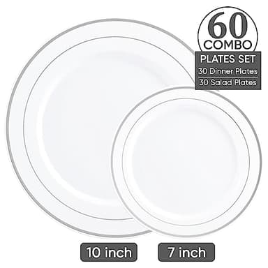 FOCUSLINE Silver Plastic Plates Set of 60, Disposable Plates with Silver Rim 30 Dinner Plates 10" and 30 Salad Dessert Appetizer Plate 7", Elegant Fancy Heavy Duty Wedding Party Plates - Image 2