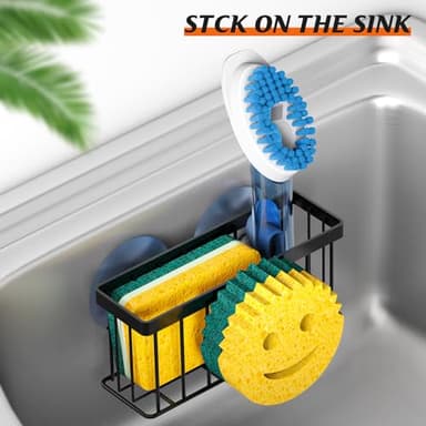 MURLONG Sponge Holder Smiley Face, Sink Caddy for kitchen Sink, Kitchen Organizer Sponge Holder with 2 PCS Suction Cups/1 PCS Adhesive Strips, Designed for Sponge, Soap, Dish brush, Scrubber-Black - Image 5
