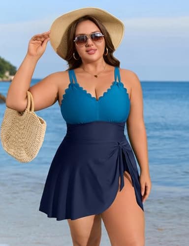 Charmo Women Plus Size Swim Dress Swimsuit Scallop Trim One Piece Tummy Control Bathing Suits Modest Tie Knot Swim Suits Navy Blue 1X - Image 9