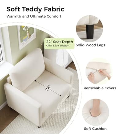 Welzona Sofa Accent Chair, 33" Reading Chair for Bedroom, Tool-Free Setup Living Room Accent Chairs, Comfy Arm Chairs Living Room, All-Wood Reading Nook, Beige - Image 3