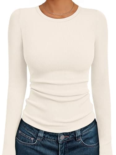 AUTOMET Womens Long Sleeve Shirts Tops Blouses Fall Fashion Ribbed Knit Casual Tshirts Trendy Cute Workout Clothes Beige XS - Image 1