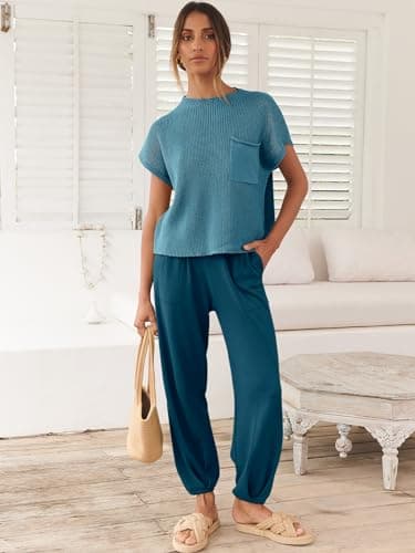 ANRABESS Women's Two Piece Outfits Knit Sweater Vest Crop Top Pants Lounge Matching Tracksuit Sweatsuit Travel Clothes Sets Blue X-Large - Image 2