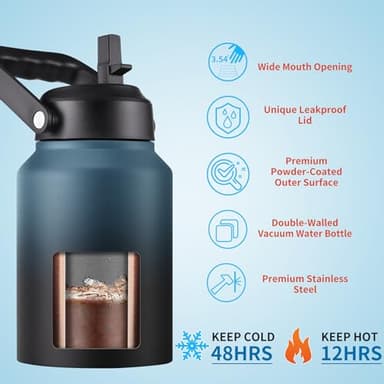 EALGRO Insulated Gallon Water Bottle Jug with Straw, 128 oz Large Stainless Steel Sports Metal Water Canteen With Handle, Thermal Water Cup Mug with 2 Lids, Midnight Black - Image 3