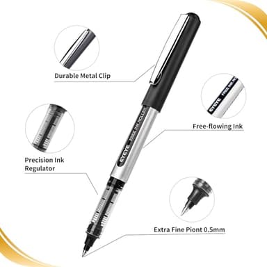 EYEYE 0.5mm Black Pens 12 Pack, Extra Fine Point Rollerball Pen Quick Dry, Liquid Ink Pens Fine Point Smooth Writing Pen for Journaling, Note Taking, Office, School Supplies - Image 2