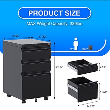 Aobabo 3 Drawer File Cabinet with Lock,Metal Filing Cabinet with Wheels for Home Office & Business Enterprise, Legal/Letter Size, Fully Assembled Except Wheels, Black - Image 3