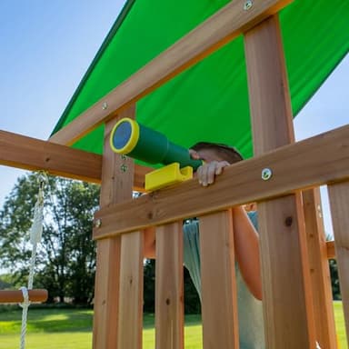 Backyard Discovery Mount Mckinley Cedar Wood Swing Set with Wave Slide, Play Deck, Double Rock Wall, Rope Ladder, Web Swing, Belt Swings, Toy Telescope, Steering Wheel, Sandbox Area, Outdoor Playset - Image 8