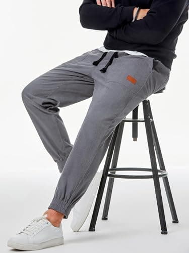 JMIERR Mens Corduroy Pants Elastic Waist Drawstring Stretch Tapered Joggers Sweatpants Work Cargo Pants with Multi Pockets,US34(M),Gray - Image 4
