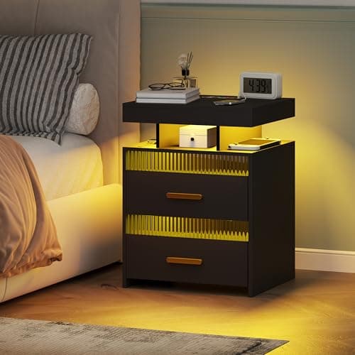 Nightstand with Charging Station and LED Lights, Night Stand with 2 Drawers, Wood Smart Bedside Table, Modern Bed Side Table for Bedroom, Black - Image 1